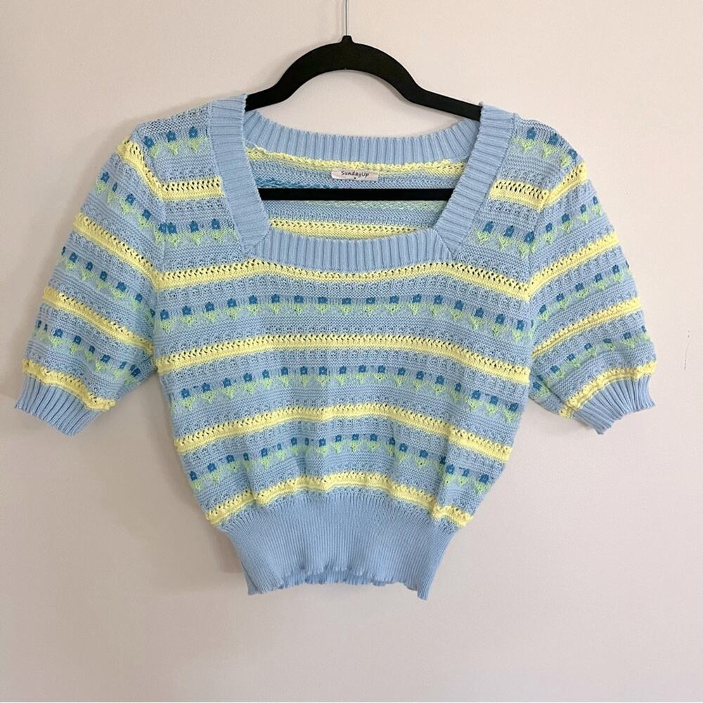 Hope’s Blue Yellow Striped Crochet Crop Top Sweater